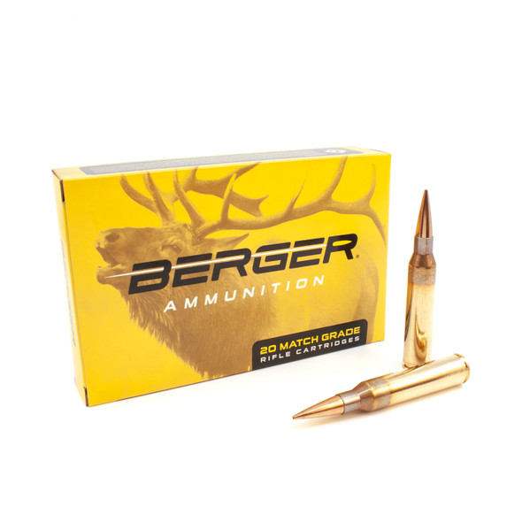 Product image featuring a box of Berger Elite Hunter Ammunition for 338 Lapua Magnum, 250 grain, with the product number 81060. The package contains a quantity of 20 cartridges, shown against a white background with two rounds placed in front. The box's vibrant yellow backdrop highlights the bold Berger logo and an image of a majestic stag, symbolizing the precision and power of this high-caliber hunting ammunition.