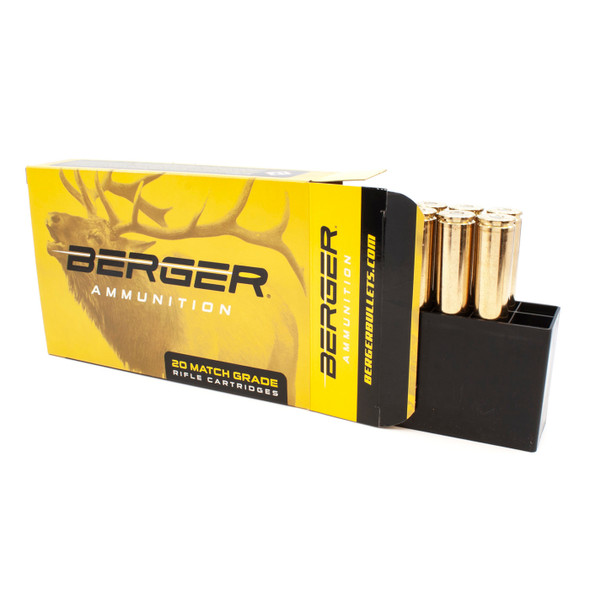 An open box of Berger Elite Hunter Ammunition in 338 Lapua Magnum, 250 grain, product number 81060, with a partial view of the 20 cartridges it contains. The box design features a yellow and black color scheme with an illustrated stag, indicative of the brand's focus on hunting excellence. The cartridges are neatly aligned, with their metallic cases and copper bullets reflecting quality and precision.