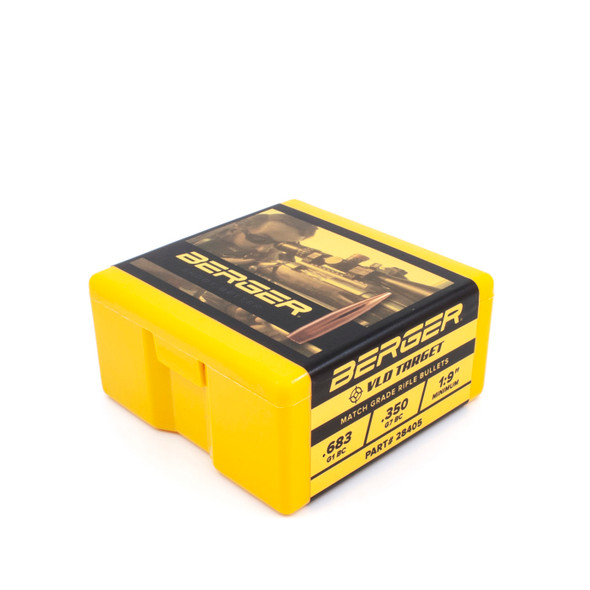 A product image displaying a box of Berger VLD (Very Low Drag) Target bullets in 7mm, 180 grain, with the product number 28405. The packaging's bright yellow color with bold black text captures attention, while the box design indicates a quantity of 100 bullets, perfect for precision shooting enthusiasts.