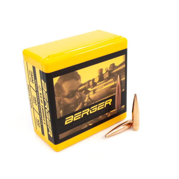 The image presents an open box of Berger VLD Target bullets in 7mm, 180 grain, model number 28405, and a quantity of 100. The yellow box, accented with black and featuring a long-range shooter on its label, stands out alongside two of the precision-engineered, copper-colored bullets placed at its side, showcasing their sleek, aerodynamic design for improved ballistics.
