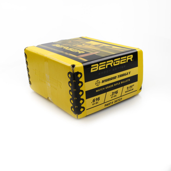 This image features a large yellow box with black trim labeled with Berger Hybrid Target bullets, .30 Caliber, 200 grain, and the product number 30727. The packaging suggests a bulk quantity of 500 high-performance bullets, tailored for precision in competitive shooting. The box side displays bullet dimensions and ballistics information, catering to the serious marksman.