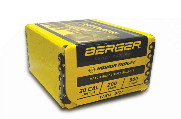 An angled product photograph displaying a bulk box of Berger Hybrid Target bullets, .30 Caliber, 200 grain, with the product number 30727 clearly visible on the side. The box, predominantly yellow with black accents, indicates a quantity of 500 bullets, specifically designed for match-grade performance in competitive shooting disciplines.