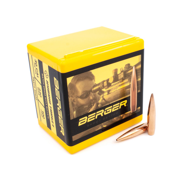 The image captures an open box of Berger Hybrid Target bullets, .30 Caliber, 230 grain, model number 30430, designed to hold a quantity of 100 bullets. Two exemplary bullets are placed beside the vibrant yellow and black box, which features an image of a sharpshooter in action, emphasizing the bullets' suitability for competitive shooting and precision.