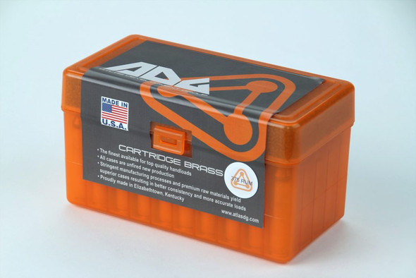ADG Brass orange ammunition box for 375 Remington Ultra Magnum cartridges. The box features bold branding, a prominent American flag, and detailed product information including cartridge specifications on its label. Designed for secure storage and transportation, this box holds 50 cartridges, ideal for retailers and shooting enthusiasts.