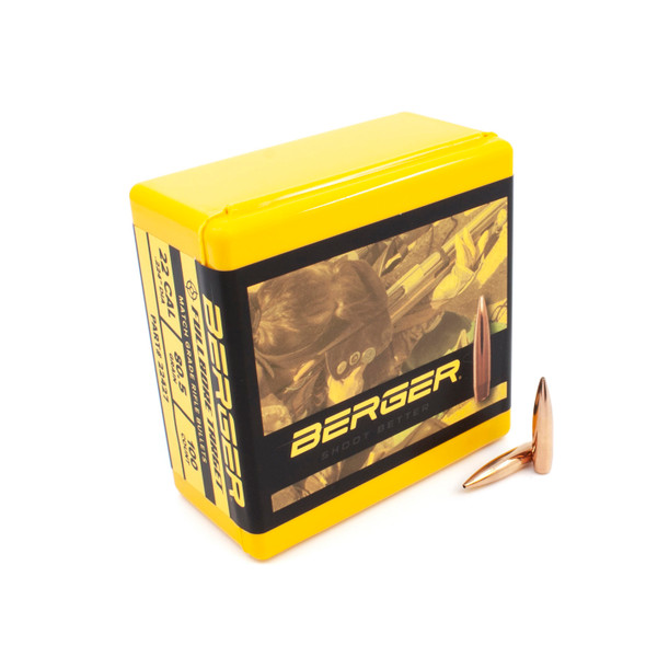The image shows an open box of Berger FULLBORE Target bullets, .22 Caliber, 80.5 grain, product number 22427, next to two copper bullets. The yellow and black box displays an image of long-range targets, emphasizing the bullets' design for accuracy and consistency in competitive target shooting.