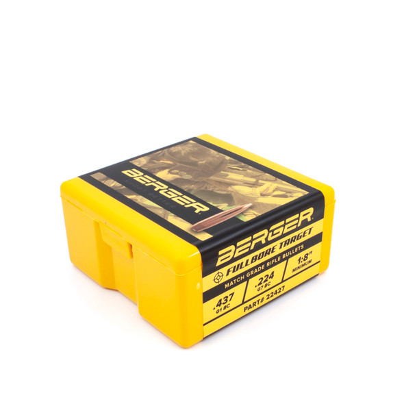 An image of a yellow and black Berger bullet box, labeled as FULLBORE Target, .22 Caliber, 80.5 grain, with the product number 22427. The box indicates a quantity of 100 precision-engineered bullets, ideal for competitive shooters aiming for accuracy over long distances.