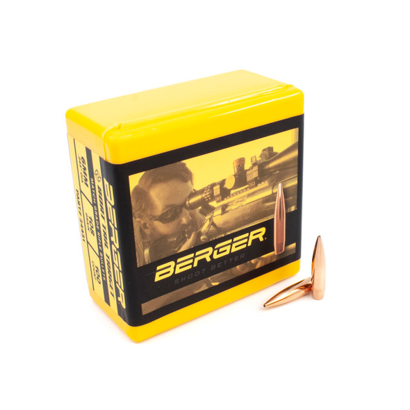 The image captures an open box of Berger BT Target bullets, 6mm, 108 grain, model number 24431. Alongside the box are two of the sleek, copper-colored bullets, designed for ballistic efficiency and consistency, essential for precision in competitive target shooting.