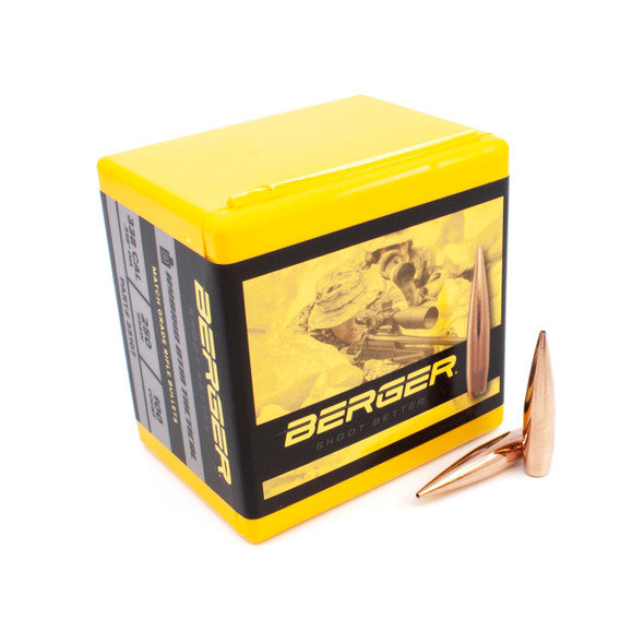 The photograph captures an open box of Berger Hybrid OTM Tactical bullets, .338 Caliber, 250 grain, product number 33107. Beside the vibrant yellow and black box, two copper-colored bullets stand out, showcasing the quality and design that make these bullets a choice for precision in tactical and long-range shooting disciplines.