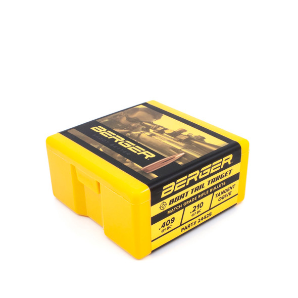 Image displays a box of Berger BT (Boat Tail) Target bullets, 6mm caliber, 90 grain, with the product number 24425. The packaging features a bold yellow color with black trim and contains 100 bullets, designed for high precision and stability in long-range target shooting.