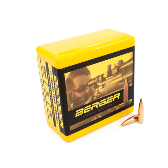 This photo features an open box of Berger BT (Boat Tail) Target bullets, 6mm caliber, 90 grain, model number 24425, alongside two exemplar bullets. The box's vivid yellow color is offset by the black branding, and the contents represent Berger's commitment to quality for competitive target shooting enthusiasts.