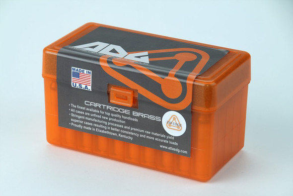 Orange ADG Brass ammunition box for 338 Edge cartridges, featuring the company's logo and detailed product information on a black label. The label highlights cartridge specifications and includes a graphic of a bullet, making it suitable for display in retail settings. This sturdy box, designed for safe storage and transport, accommodates 50 cartridges, catering to shooting enthusiasts and collectors.