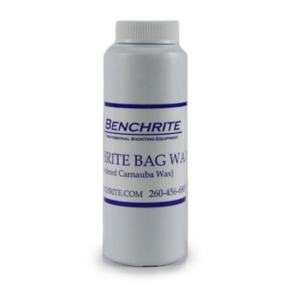 Image of a white plastic bottle labeled 'Benchrite Bag Wax', featuring a blue label with text detailing its natural carnauba wax content. This specialized wax is designed to condition and protect leather shooting bags and other gear, ensuring durability and smooth operation.