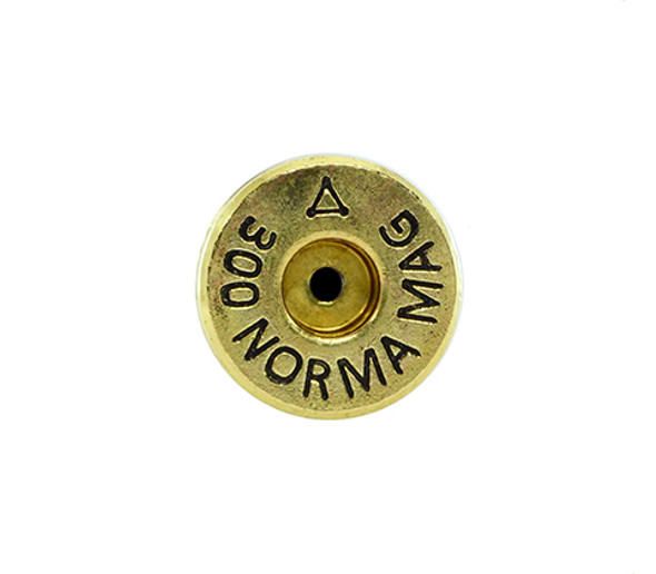 Close-up view of the base of a 300 Norma Magnum cartridge by ADG Brass, showcasing the detailed headstamp that reads '300 NORMA MAG'. The visible anneal line near the center highlights the heat treatment process to enhance the cartridge's durability. Ideal for ammunition enthusiasts and online product listings as part of a 50-piece box set.