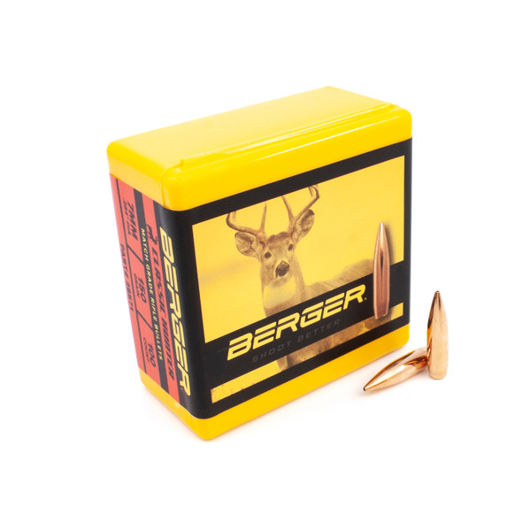 This photo displays an open box of Berger Classic Hunter bullets, 7mm caliber, 150 grain, model number 28571. The packaging features a stag image, reflecting the hunting heritage of the product. Beside the vibrant yellow and black box, two bullets are shown, highlighting their aerodynamic design and the precision engineering suitable for ethical hunting practices.