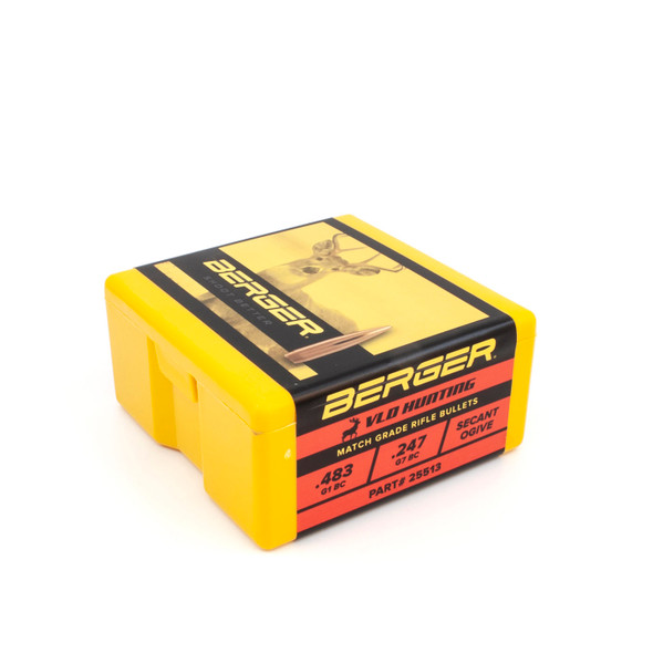 The photograph shows a yellow and black box of Berger VLD Hunting bullets, .25 Caliber, 115 grain, with the product number 25513. The packaging, which holds 100 bullets, is designed for hunters seeking precision and long-range performance, with a label that includes an image of a marksman, emphasizing the bullets' accuracy.