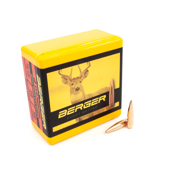 An open box of Berger VLD Hunting bullets, .25 Caliber, 115 grain, model number 25513, is shown with a background image of a deer on the packaging, highlighting the bullet's hunting application. Two bullets are positioned beside the vibrant yellow box, emphasizing their precision-engineered design for superior long-range accuracy in hunting.