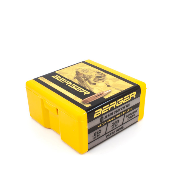 The image displays a box of Berger OTM (Open Tip Match) Tactical bullets, .30 Caliber, 175 grain, product number 30105. The box is predominantly yellow with black labeling, and it's designed to hold 100 high-performance bullets for tactical applications where precision is paramount.