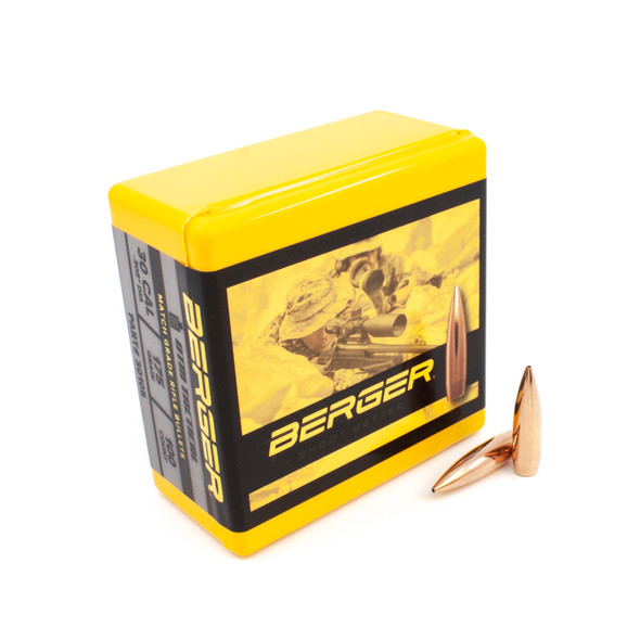 This photo shows an open box of Berger OTM (Open Tip Match) Tactical bullets, .30 Caliber, 175 grain, model number 30105, along with two bullets placed beside it. The bright yellow and black box features an image of a sharpshooter, indicative of the precision and reliability these bullets offer for tactical and long-range shooting disciplines.