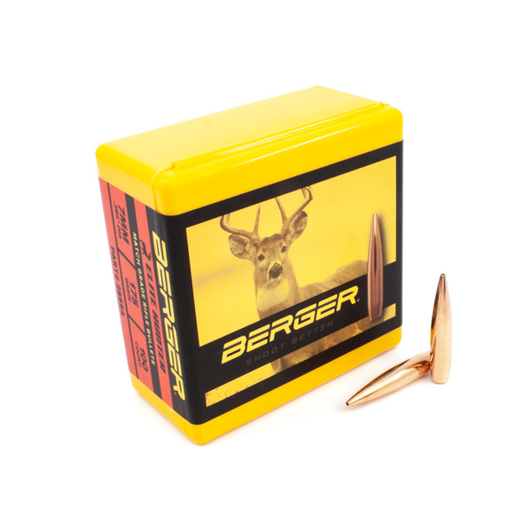 The image features an open box of Berger OTM (Open Tip Match) Tactical bullets, .30 Caliber, 175 grain, model number 30105. Displayed against a bright yellow background with a stag image, the box accompanies two bullets, emphasizing their specialized design for tactical precision in long-range shooting.