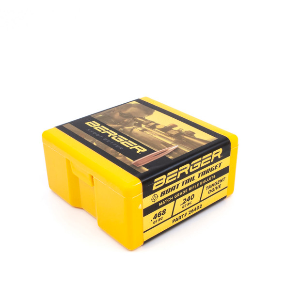 Photograph of a yellow and black box containing Berger BT (Boat Tail) Target bullets, 6.5mm caliber, 120 grain, with the product number 26402. The box, which holds a total of 100 bullets, is tailored for precision shooters looking to achieve top performance in competitive target shooting scenarios.