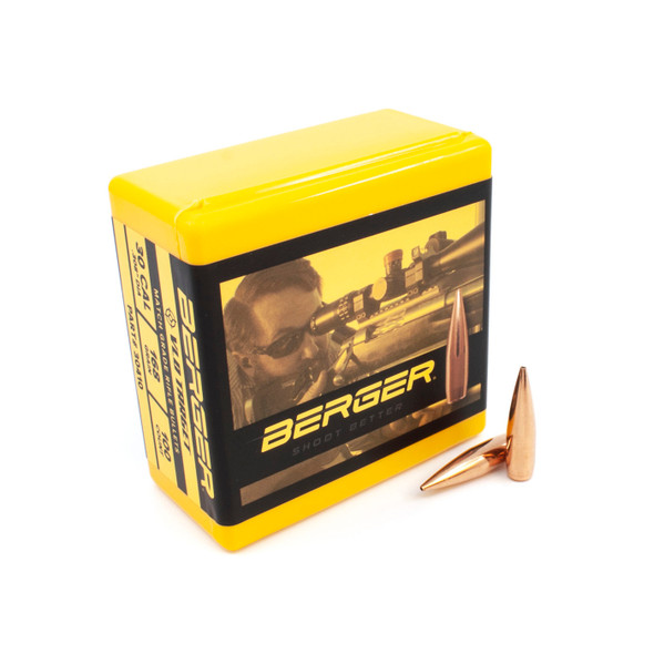 Product image of Berger Bullets in .30 Caliber, 168 grain, VLD Target, part number 30410, with a count of 100 bullets. The box is yellow with the Berger logo and a sharpshooter image, two bullets displayed in front, highlighting their pointed design for improved accuracy.