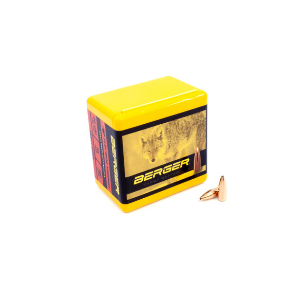 A product image featuring a box of Berger FB Varmint Bullets, .20 Caliber, 35 grain, with the part number 20303. The box is yellow with black and red side labels and a faded image of a varmint on the front. Next to the box, two individual bullets are displayed, showcasing their flat base design, tailored for varmint hunting. The packaging suggests a quantity of 100 bullets.