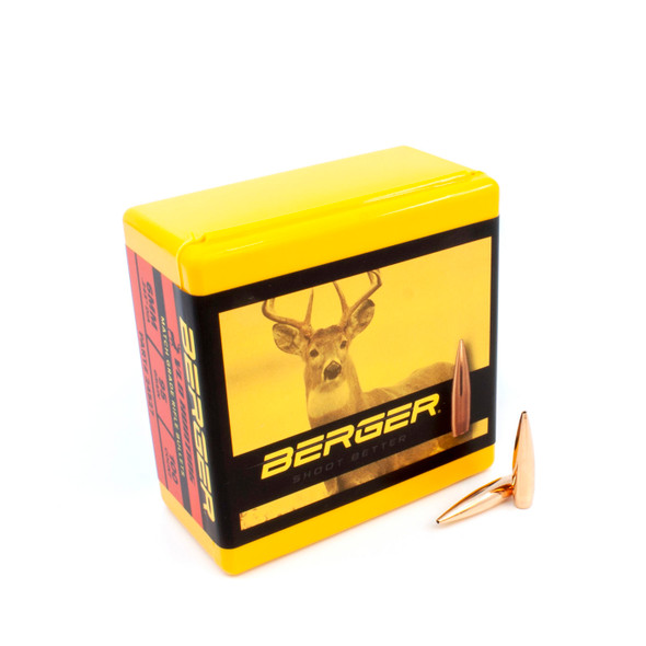 Box of Berger 6mm, 95 grain, VLD Hunting bullets, part number 24527, quantity 100, displayed alongside two bullets. The box features a yellow top with a black border and an image of a deer on the front, symbolizing the product's application in hunting scenarios for its precision and effectiveness.