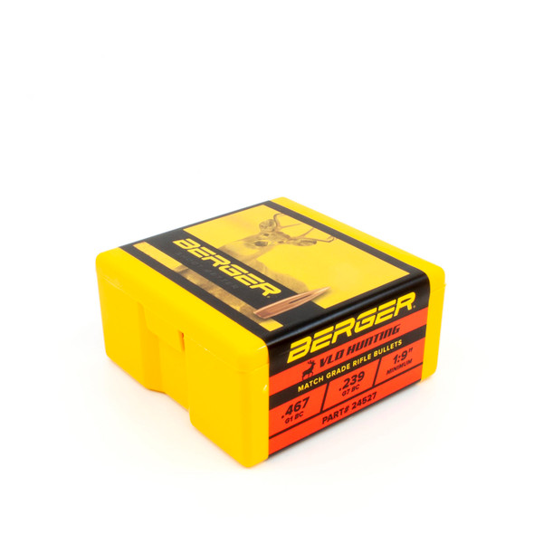 Box of Berger 6mm, 95 grain, VLD Hunting Bullets, product code 24527, in a quantity of 100. The box has a striking yellow and black color scheme with red accents, featuring the ballistic performance chart on the side, and designed to offer hunters superior accuracy and terminal performance.