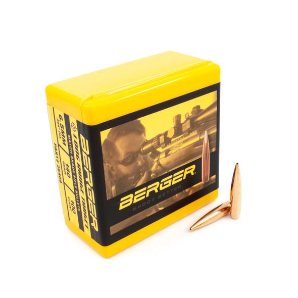 Berger 6.5mm, 140 grain, Long Range BT Target bullets, product number 26409, in a count of 100. The box features a yellow top with a photographic illustration of a marksman, and two bullets are positioned in front, showcasing the boat tail design that is engineered for extreme precision in long-range target shooting.