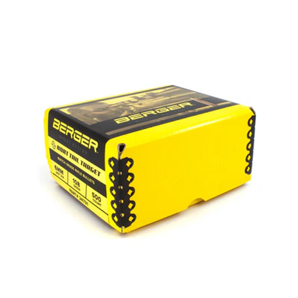 Large box of Berger 6mm, 108 grain, BT (Boat Tail) Target bullets, product code 24731, containing 500 units. The box is bold yellow with black print detailing the bullet specifications and ballistic data, featuring a side graphic of aligned bullets, indicative of its contents designed for target shooting precision.