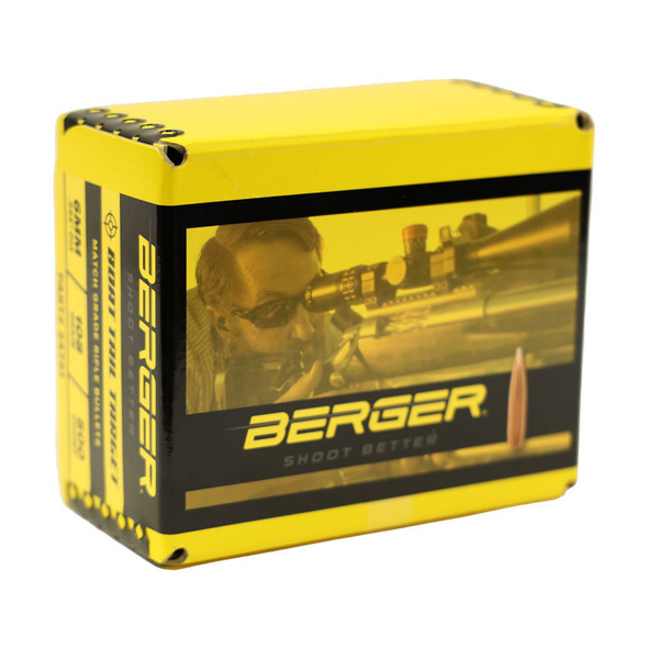 A box of Berger 6mm, 108 grain, BT Target bullets, product number 24731, in a bulk quantity of 500. The packaging is a vibrant yellow with a black and white image of a sharpshooter and a single bullet displayed on the side, representing the high precision these bullets provide for competitive shooters.