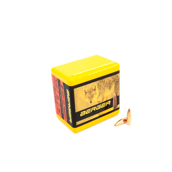 A box of Berger .20 Caliber, 40 grain, BT Varmint bullets, product number 20304, with a 100 count. The box is yellow with black and red accents, and an image of a varmint on the side. Two individual bullets are placed beside the box, showcasing their small, precise design for effective varmint control.