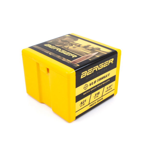 Box of Berger .30 Caliber, 210 grain, VLD Target bullets, product number 30415, quantity of 100. The packaging design features a yellow case with a sharpshooting image on the side, emphasizing the bullet's precision capabilities for target shooting.