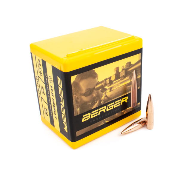 Berger .30 Caliber, 210 grain, VLD Target bullets, item number 30415, presented in a pack of 100. The box showcases a yellow top with a picture of a marksman, and two exemplary bullets with a pointed design are placed in the foreground, illustrating their suitability for high-precision target shooting.