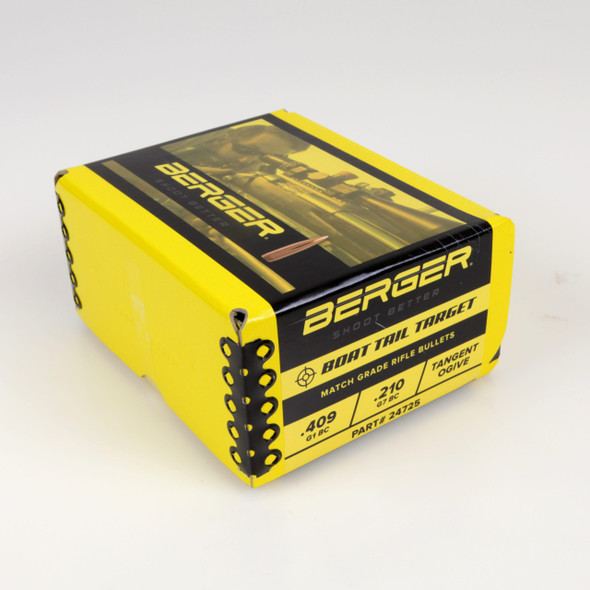 A 1000-count box of Berger 6mm, 90 grain, BT Target bullets, with part number 24725, shown in a side angle view. The box features a bright yellow and black design with bullet graphics on the side, indicative of precision ammunition for serious target shooters and marksmen.
