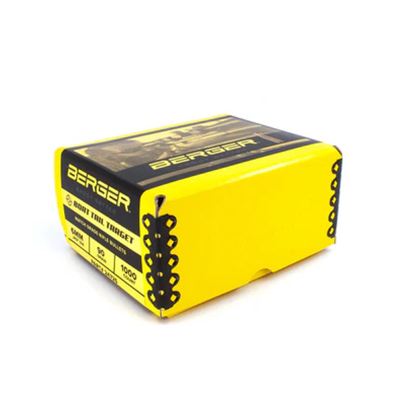 Large Berger bullet box for 6mm, 90 grain, BT Target, product number 24725, with a bulk quantity of 1000. The box's bright yellow color is accented with black detailing and a graphic of bullet profiles on the side, emphasizing its high-volume capacity for competitive shooters and enthusiasts.