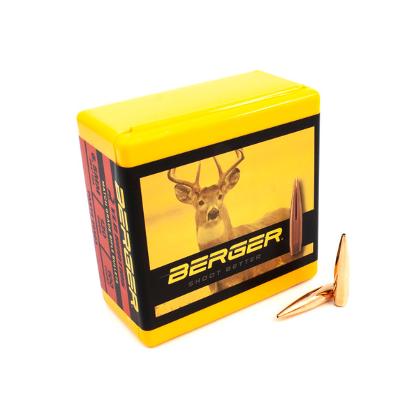 Box of Berger 6.5mm, 130 grain, VLD Hunting bullets, product code 26503, with a 100 bullet count. The box displays a yellow and black design with a picture of a deer, emphasizing the hunting purpose of the bullets, which are shown in the foreground with their precise, aerodynamic shape.