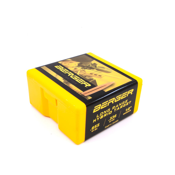 Box of Berger 6.5mm, 144 grain, Long Range Hybrid Target bullets, product code 26485, packaged in quantities of 100. The box is bright yellow with black lettering and a sharpshooter image on the lid, designed for long-range precision shooting.