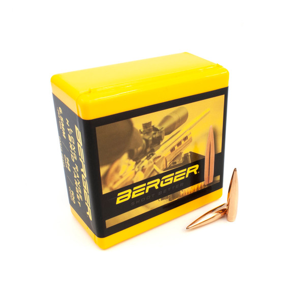 Packaging for Berger 6.5mm, 144 grain, Long Range Hybrid Target bullets, item number 26485, with a quantity of 100. The box, featuring a bold yellow design with a long-range rifle image, comes with two bullets prominently displayed in front, signifying their cutting-edge design for accuracy and distance shooting.