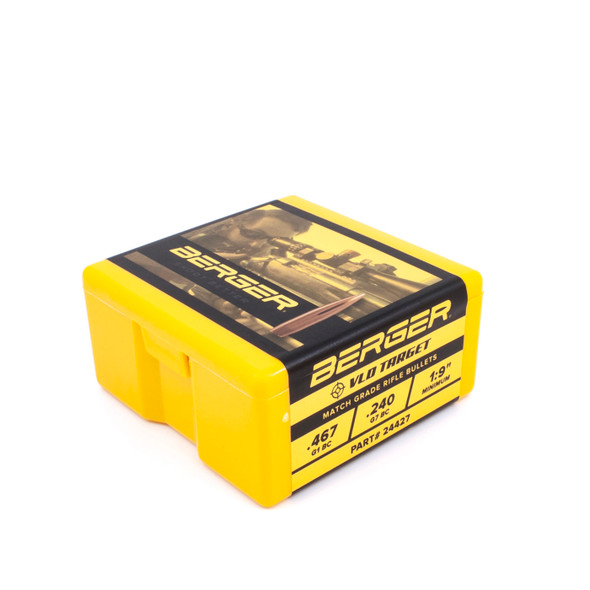 A box of Berger 6mm, 95 grain, VLD Target bullets, product number 24427, with a quantity of 100. The packaging is bright yellow with black lettering and an image of a marksman in the field, emphasizing the bullets' design for precise, long-range target shooting.