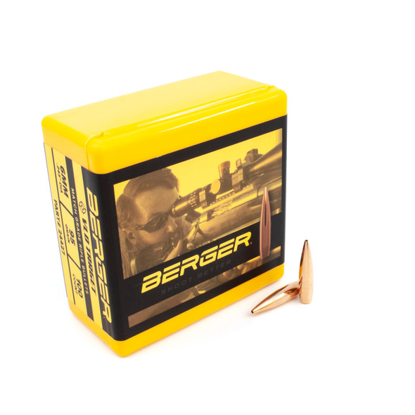 A box of Berger 6mm, 95 grain, VLD Target bullets, part number 24427, quantity 100, alongside two individual bullets. The box is yellow with an image of a target shooter, emphasizing the precision design of the bullets for competitive target shooting.
