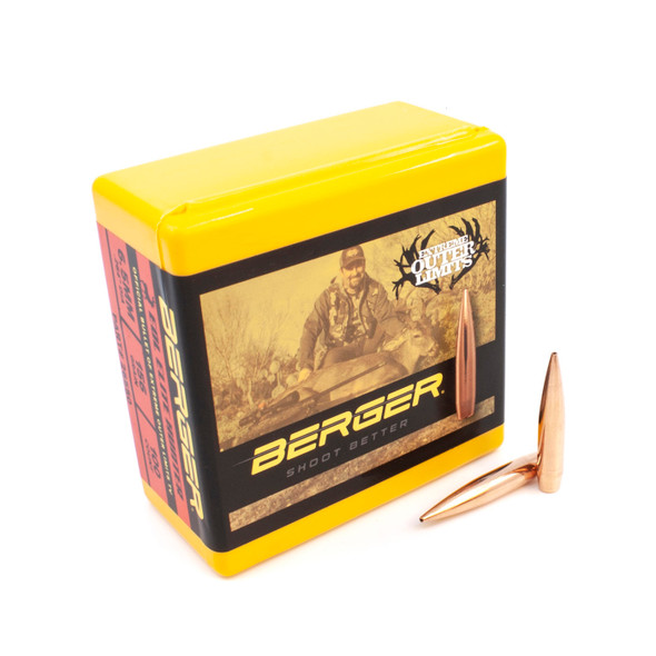 A box of Berger 6.5mm, 156 grain, EOL Elite Hunter bullets, item 26550, along with two showcased bullets. The packaging is vibrant yellow with a hunting scene and the 'Extreme Outer Limits' logo, emphasizing the bullets' design for high-precision, long-range hunting, with a quantity of 100.