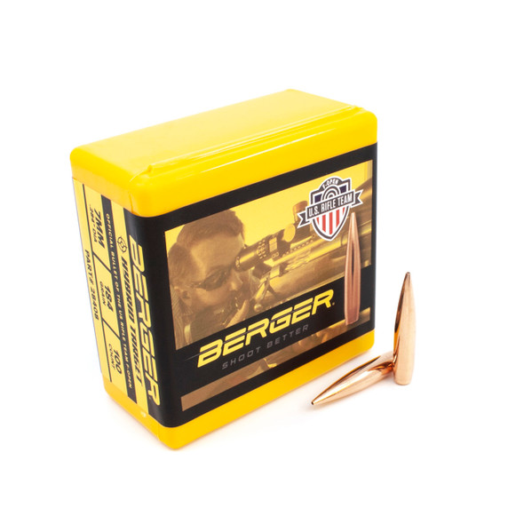 A box of Berger 7mm, 184 grain, F-Open Hybrid Target bullets, product number 28408, in a quantity of 100. The bright yellow box features an image of a competitive shooter and is accompanied by two bullets demonstrating their hybrid design, tailored for precision in F-Class Open target shooting competitions.