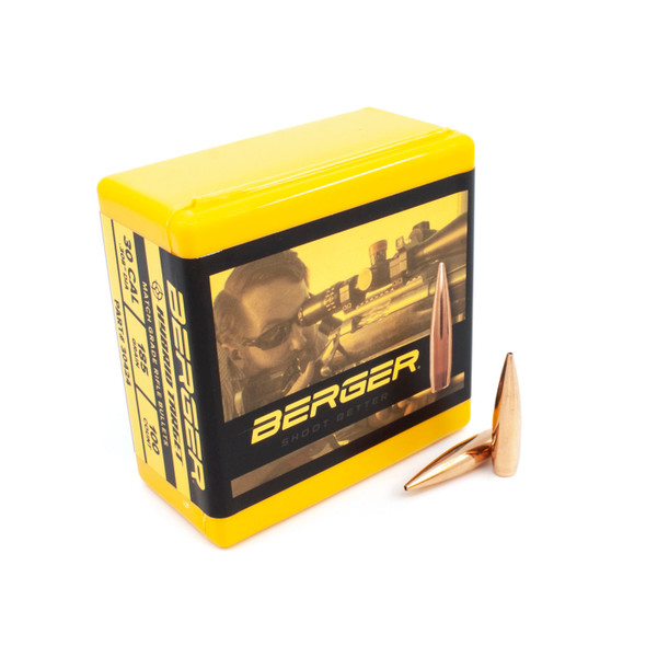 Berger .30 Caliber, 185 grain, Hybrid Target bullets, product code 30424, presented in a box of 100. The bright yellow packaging displays a marksman in action and includes two bullets with an advanced hybrid ogive design, indicating their top-tier performance for precision target shooting.