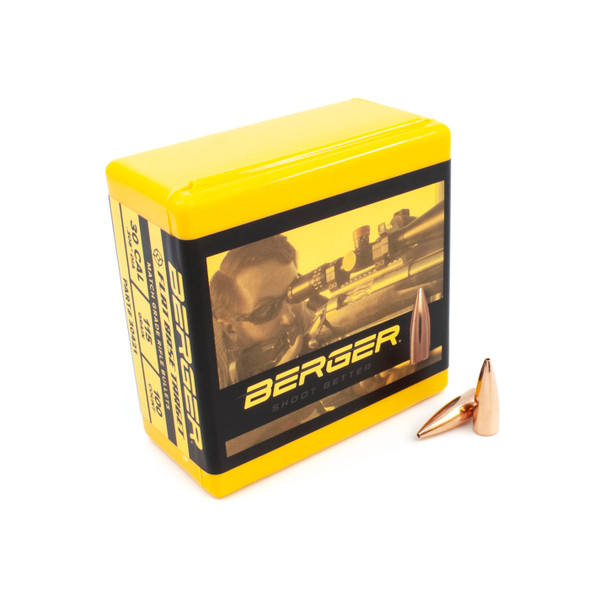 Box of Berger .30 Caliber, 115 grain, FB Target bullets, item number 30421, with a 100 count. The box is a vivid yellow and features a target shooting graphic, while two bullets with a flat base design are shown in front, indicating their use for precision target shooting disciplines.
