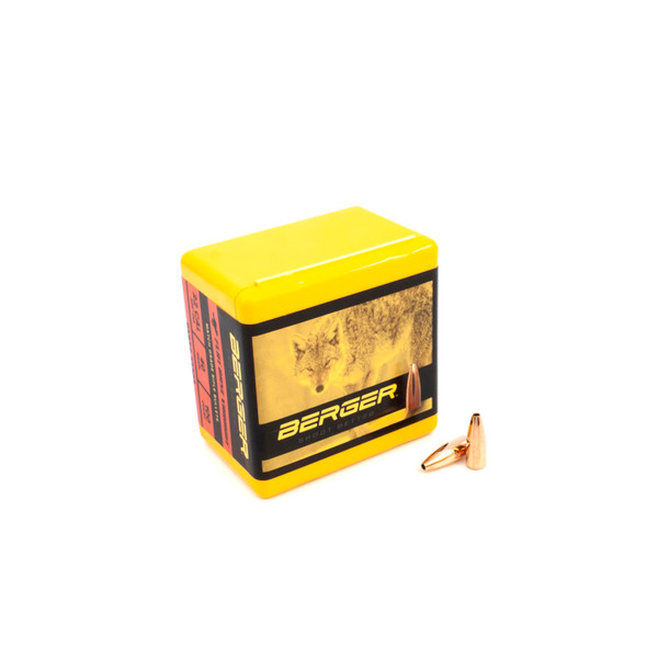 Berger .22 Caliber, 40 grain, FB Varmint bullets, product number 22303, in a quantity of 100. The yellow box with a varmint scene illustration includes two bullets placed in front, showcasing the design for optimal accuracy and effectiveness in varmint hunting.