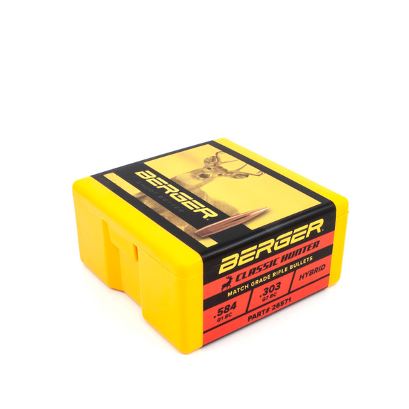 Box of Berger 6.5mm, 135 grain, Classic Hunter bullets, product code 26571, quantity of 100. The box is designed with a yellow and red color scheme, along with an image depicting a traditional hunting scene, suitable for hunters valuing precision and ballistic performance.