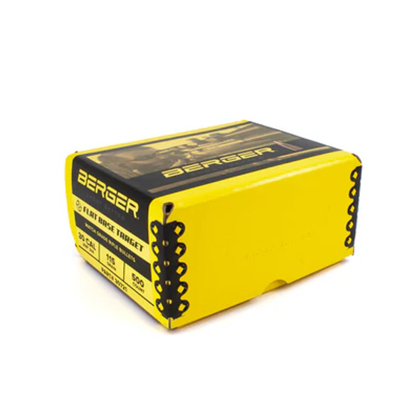 Side view image displaying a distinctive yellow Berger Bullets ammunition box. The product is labeled for precision shooting, featuring .30 caliber bullets, each weighing 115 grains with a flat base target design. The box, marked with the product code 30721, contains a quantity of 500 bullets, ideal for competitive shooters and enthusiasts looking for quality and performance.