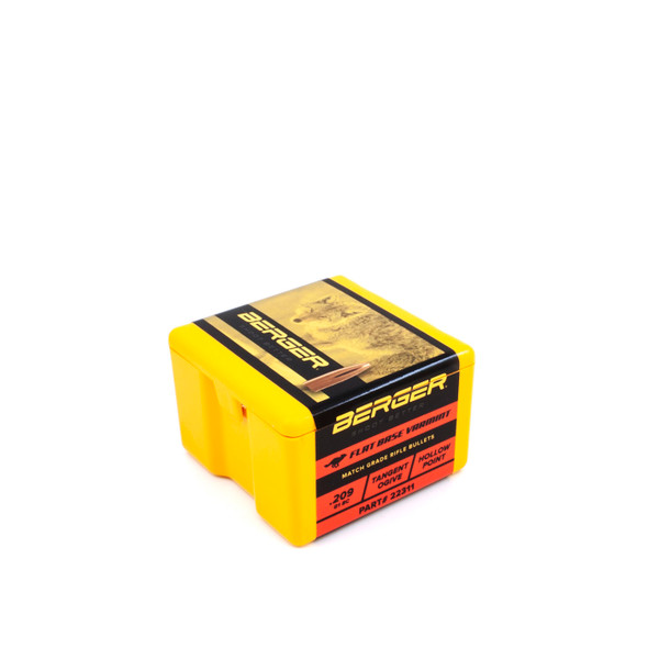 Photograph of a yellow and black box of Berger Bullets tailored for varmint control. The product is .22 caliber, each bullet weighing 55 grains with a flat base (FB) design for precision shooting. The product number 22311 is prominently displayed, indicating this specific model designed for varmint hunting efficiency and accuracy.