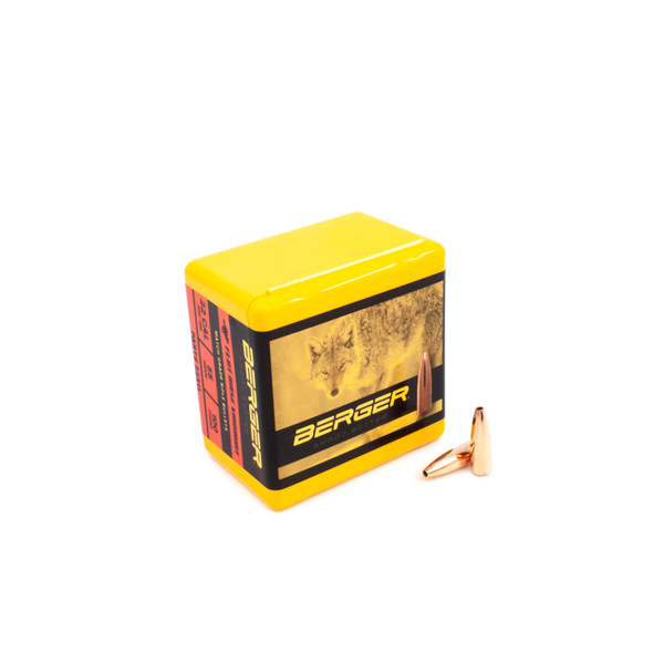 The image showcases a vibrant yellow and black Berger Bullets box, along with two of its .22 Caliber, 55 grain, Flat Base Varmint bullets displayed in front. The product number 22311 is indicated on the box, which is designed for hunters and shooters seeking precision and efficiency in varmint control. The copper-colored bullets are shown in contrast to the colorful packaging, illustrating the product's quality and design.